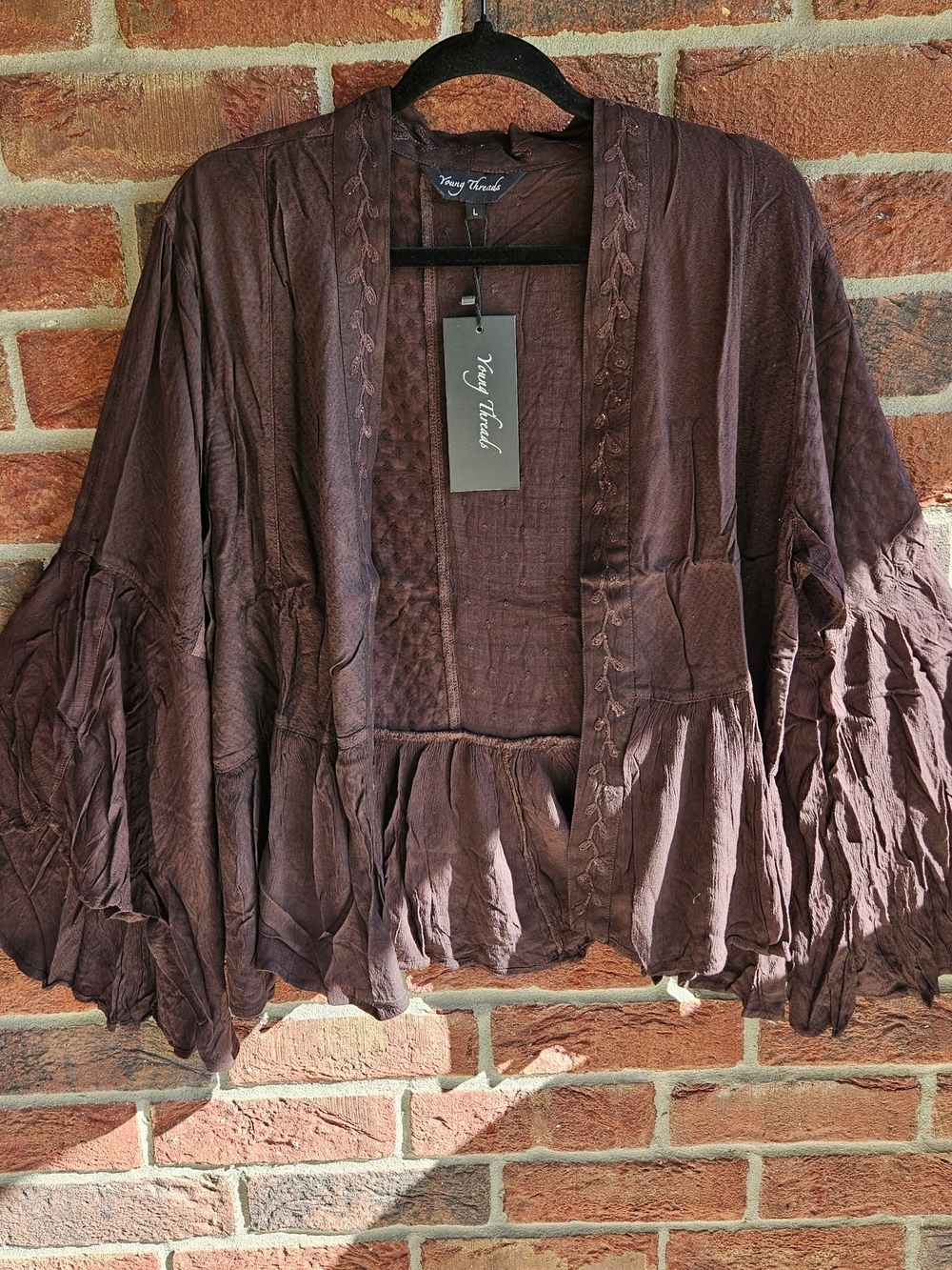 Young Threads Textured Bell Sleeve Cape in Dark Plum Size Large NWT